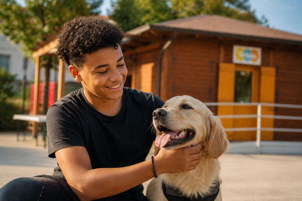 Ragazzo sorride accarezzando un cane davanti al chiosco Tertulia nel Parco della Pace, durante un’iniziativa dedicata alla socialità e al benessere animale.