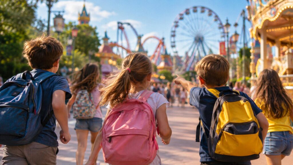 Bambini e ragazzi con zaini camminano in un parco divertimenti, con ruota panoramica e attrazioni sullo sfondo, durante una giornata educativa a Gardaland.